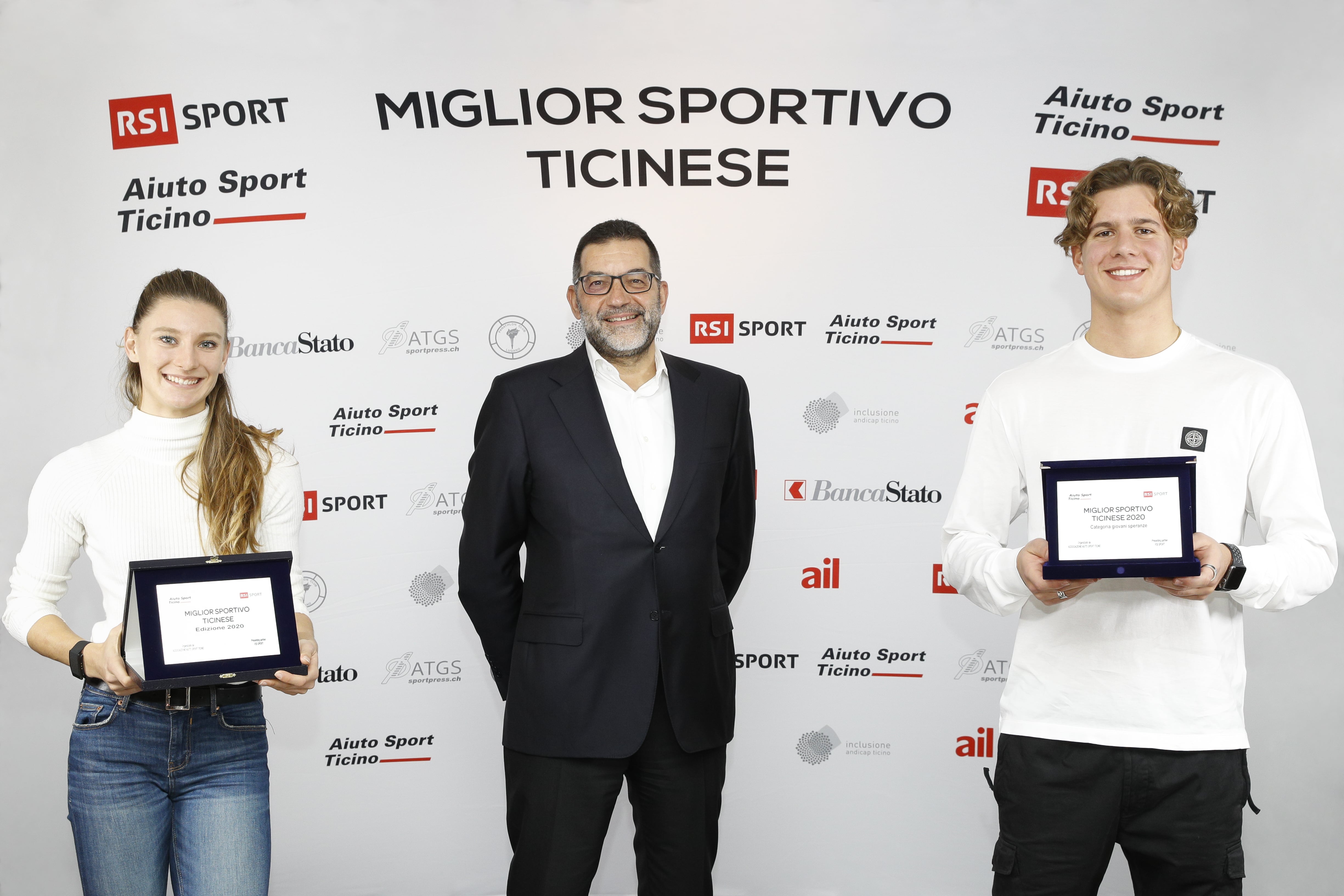 Da sinistra: Ajla Del Ponte, Michele Ghezzi (presidente Ass. Aiuto Sport Ticino) e Noè Ponti